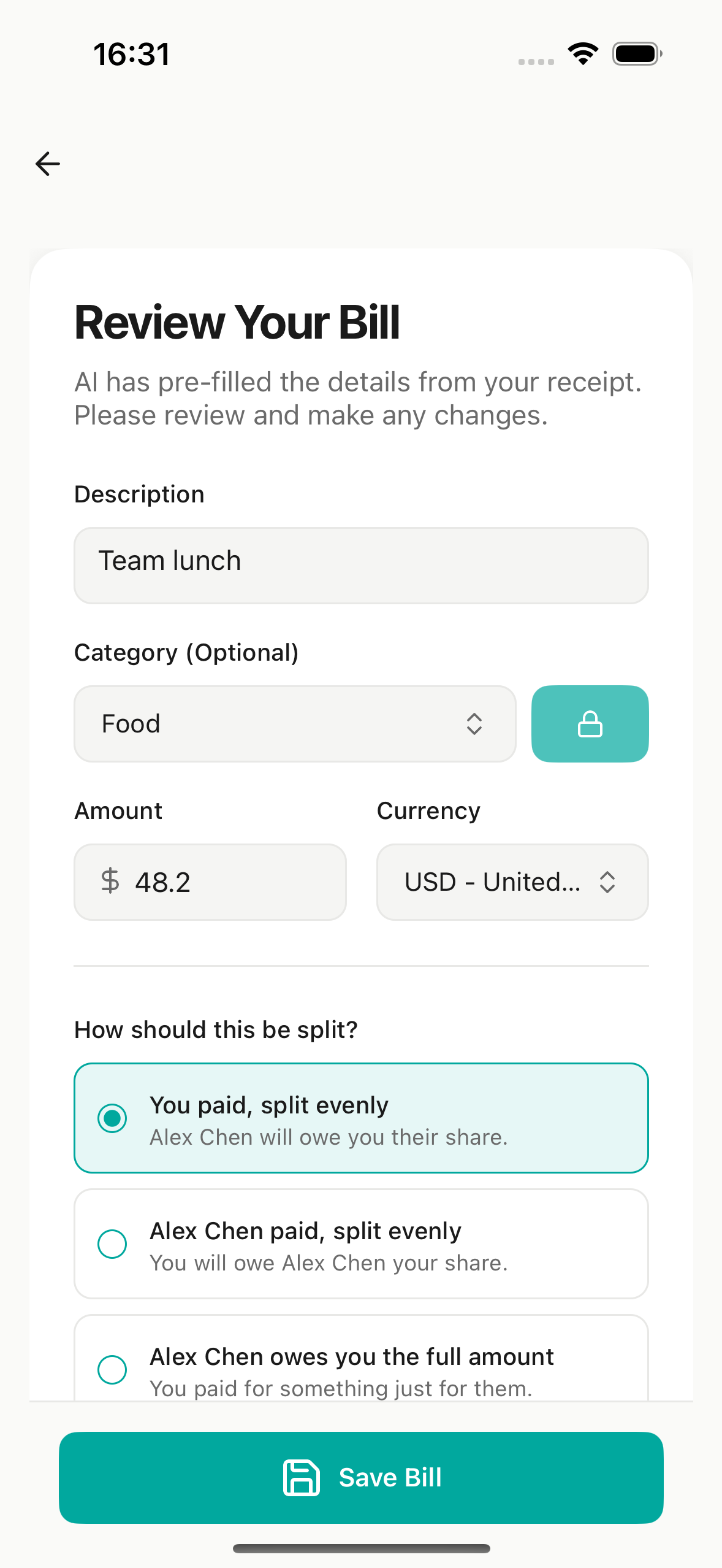 ChipIn review screen with AI-filled bill details for a team lunch